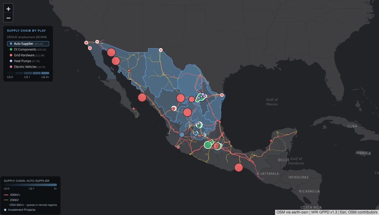 Lineup map of Mexico with industrial capabilities, transmission lines and investment layers shown together.